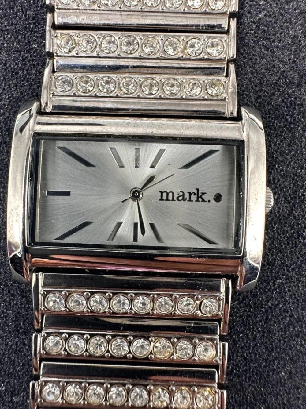 Mark by Avon Watch Womens Silver Tone Square Dial Rhinestones New Battery 7.5